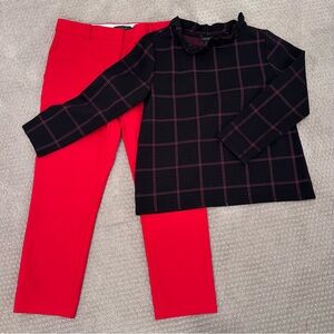 Ann Taylor Holiday Set: Eva Ankle Pant Size 10 Plaid Ruffle Mock Neck Top, M